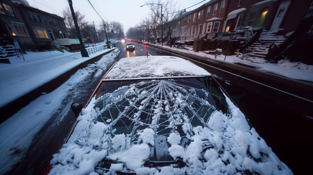 Snow-covered car windshield with frost patterns and ice formations on a winter street lined with residential buildings