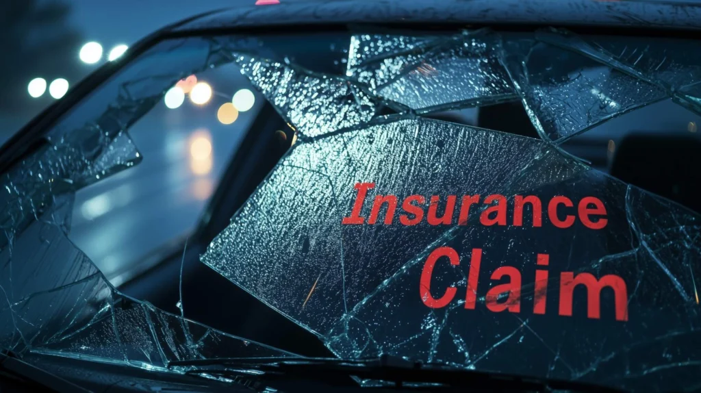Cracked car window with red text reading 'Insurance Claim' overlaid, headlights blurred in background